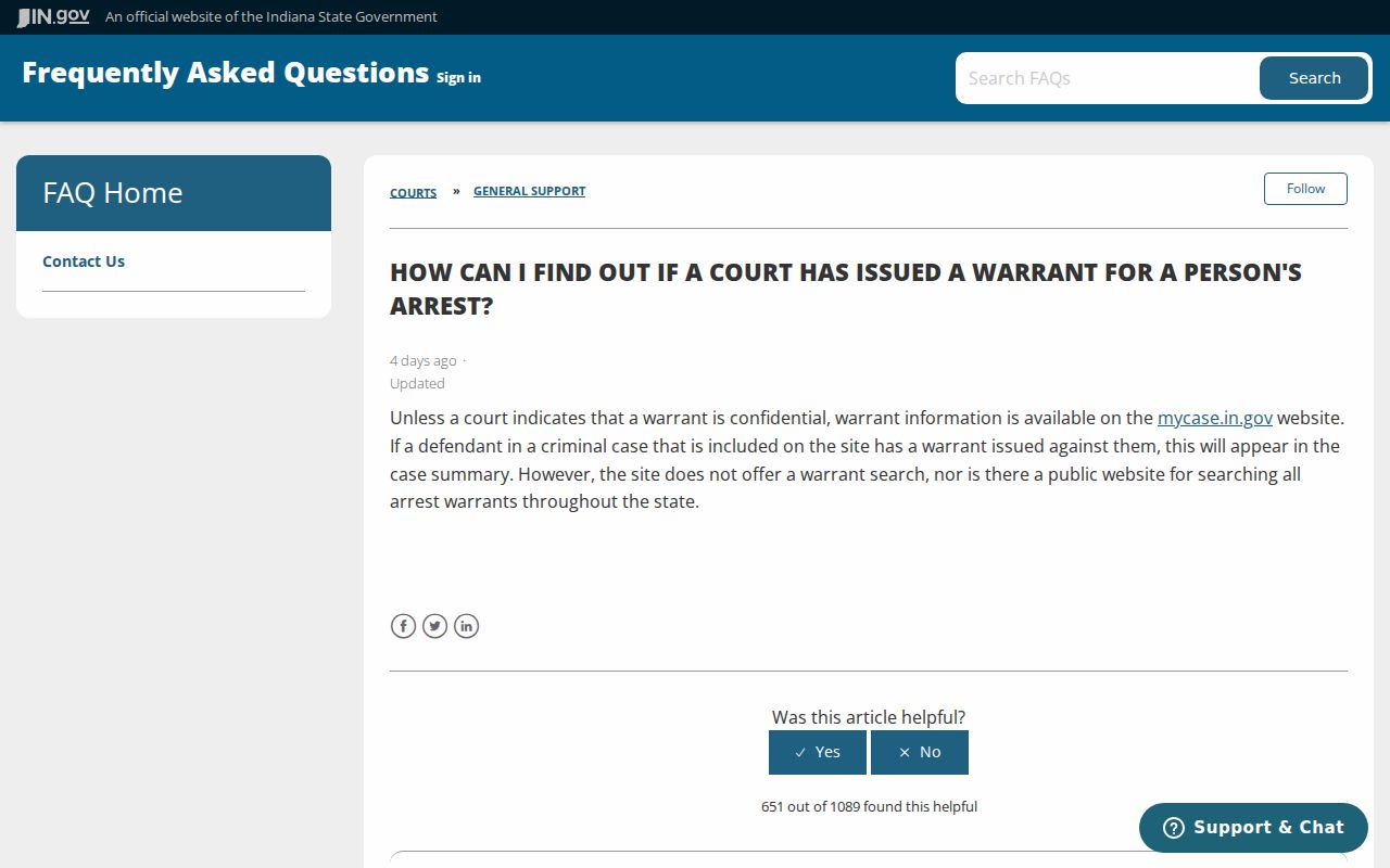 Indiana court FAQ stating that MyCase is not a complete warrant search
