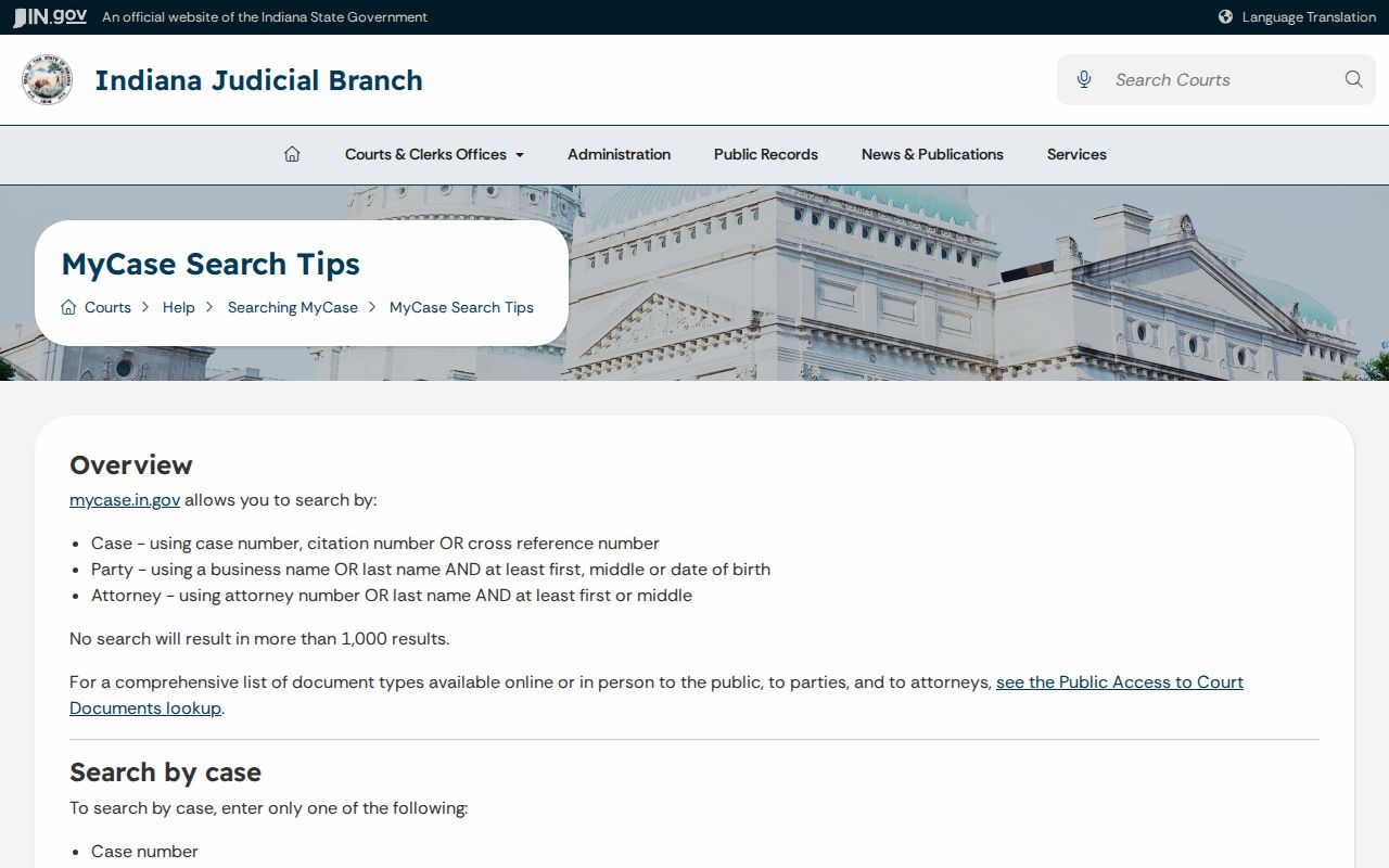 Indiana MyCase search tips for case and party searches
